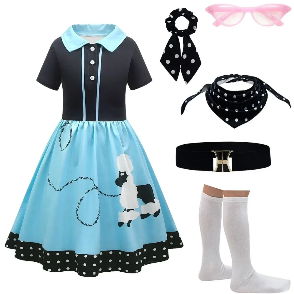 

50s 60s Poodle Cosplay Dress Girls Cute Cartoon Flip Collar Button Dress Full Set Kid Role Play Costume Halloween Carnival Party