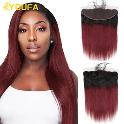 YOUFA Ombre Burgundy Lace Frontal 100% Human Hair Material 2 Tone Wine Red Pre Colored 13x4 Swiss Lace Frontals Pre Plucked 1 Pc