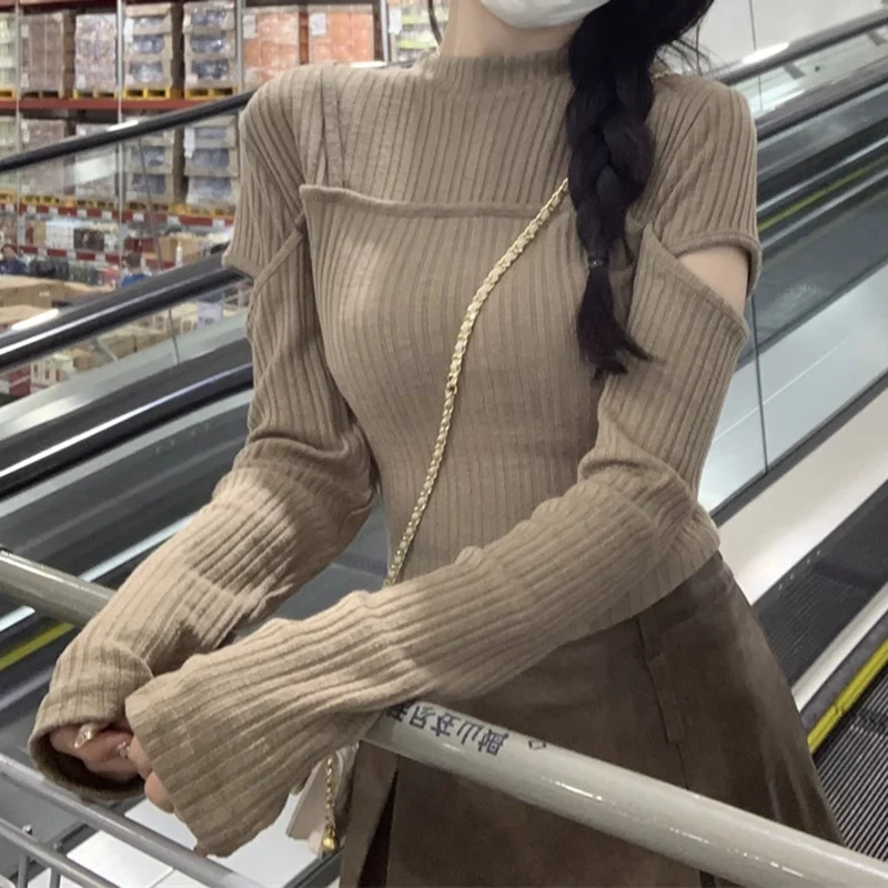 

Off Shoulder Sweater Half High Neck Slim Knit Pullover Solid Color Women Long Sleeve Top Casual Harajuku Commuting Fall Winter