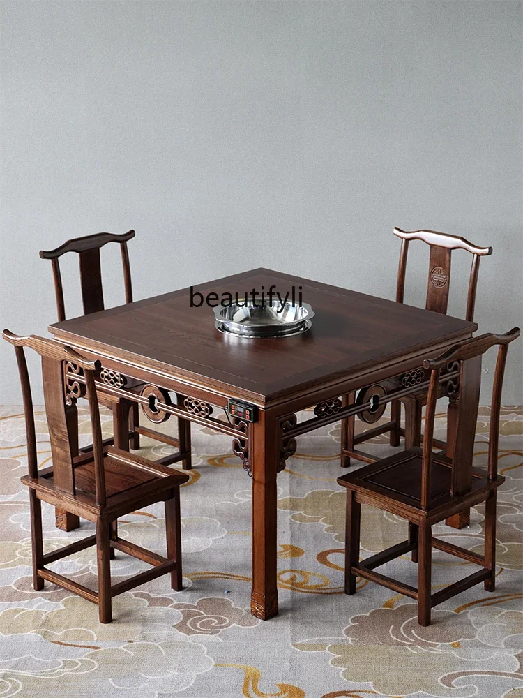 Chinese-Style Solid Wood Old-Fashioned Square Table Elm Restaurant Dining Tables and Chairs Set Hot Pot Small Square Table