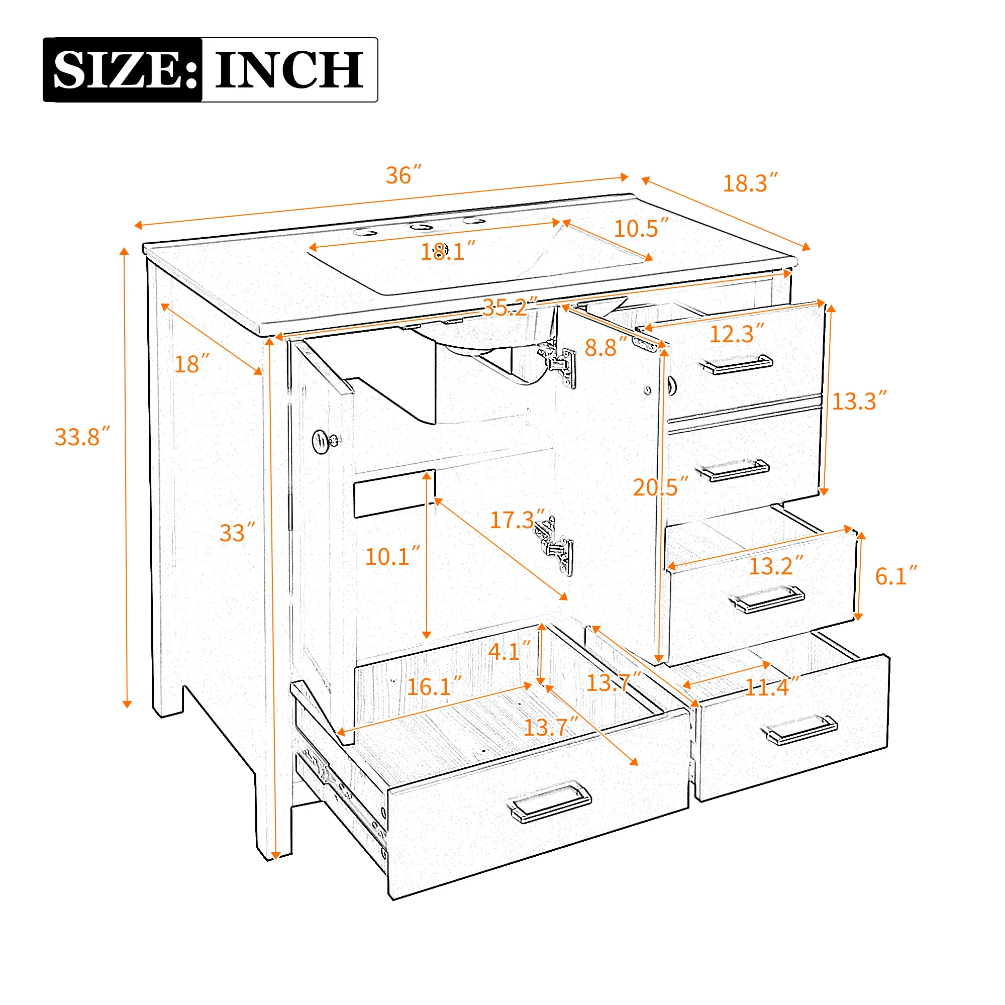 Vaidade de banheiro autônoma de 36 '' com pia de cerâmica 4 gavetas e portas de fechamento suave em preto