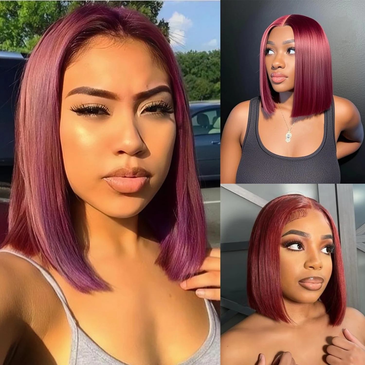 

Burgundy 13x4 HD Lace Frontal Human Hair Wigs 10-14 Inch 99J Straight Bob Wig Human Hair Wine Red Short Bob Wigs For Women