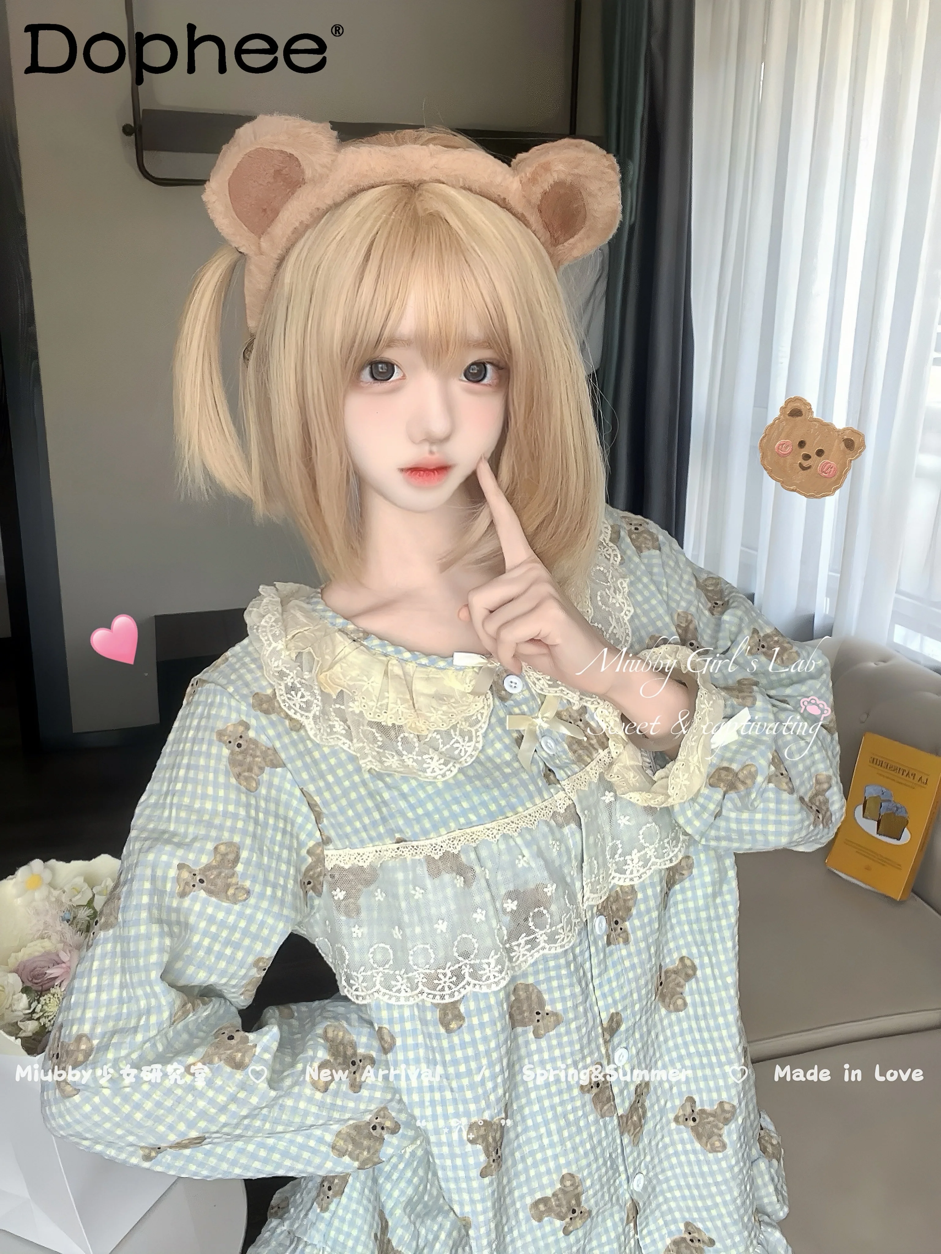 

Japanese Style Ins Sweet Girl Plaid Lace Trim Long Sleeve Pajamas Spring Autumn Cute Casual Cartoon Homewear Set