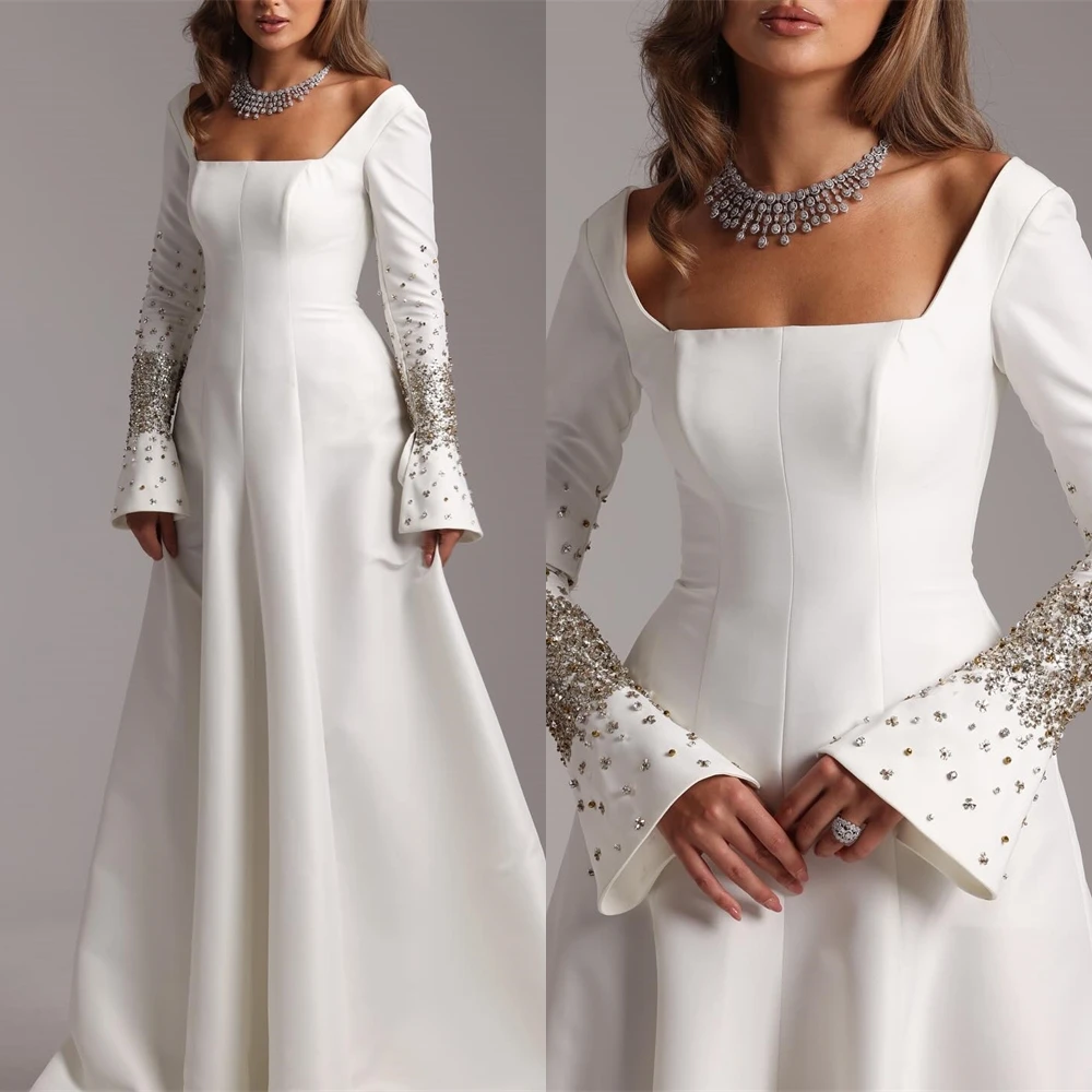 Maßgeschneidertes klassisches Satin-Abendkleid mit quadratischem Kragen, anmutige Ballkleider mit langen Ärmeln, modische Kristall-Kleider für besondere Anlässe