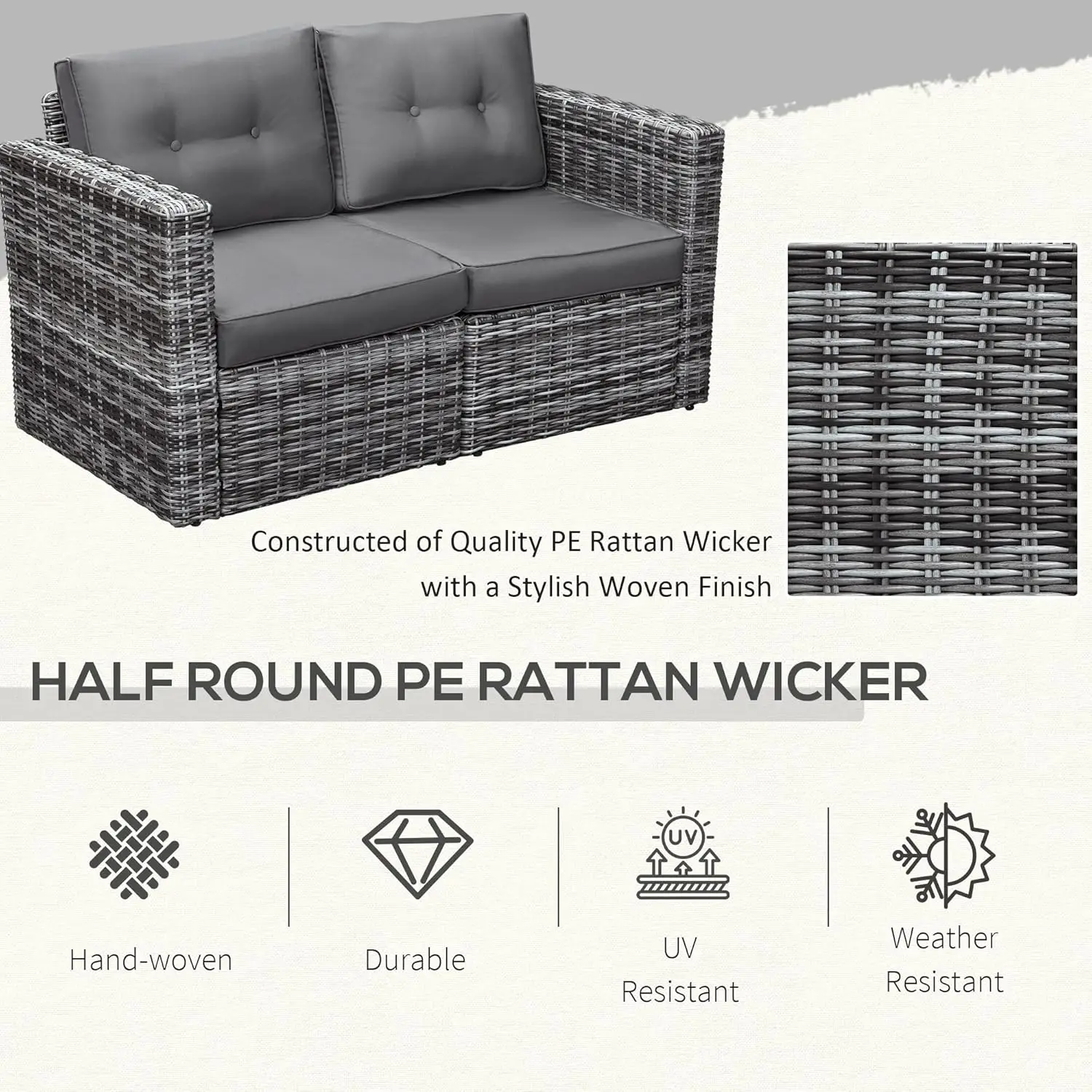 Set Sofa sudut anyaman teras 2 buah, furnitur rotan PE luar ruangan, dengan dudukan lengan melengkung dan bantal empuk untuk balkon, Taman