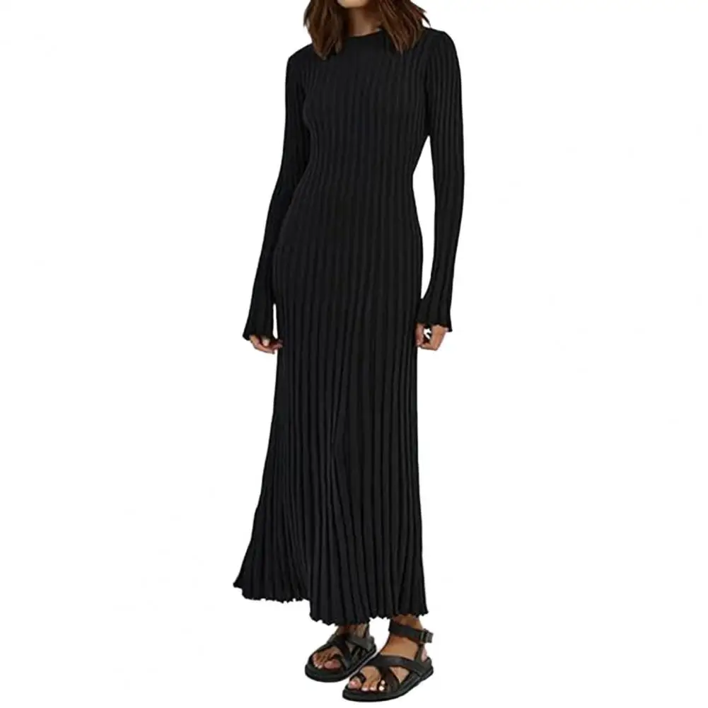 빈티지 타이 허리 드레스 여성 우아한 리브 니트 풀 슬리브 맥시 드레스 크루 넥 Bodycon 연필 롱 드레스 streetwear