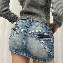 retro oversized rivet denim skirt for women with spicy A-line buttocks, short skirt with trendy style  tennis skirt