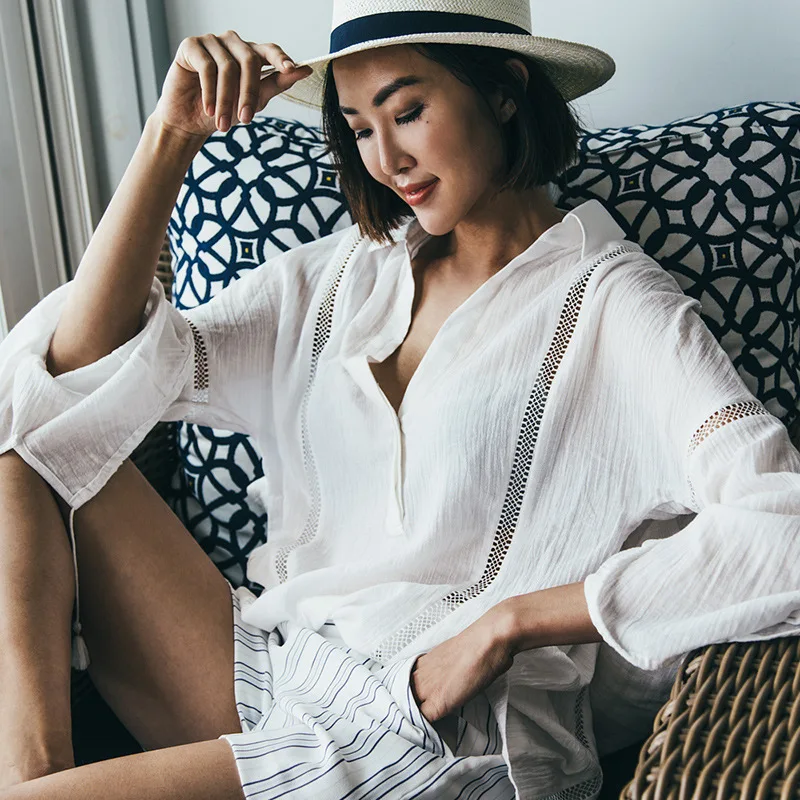 

Свободный пляжный топ с длинными рукавами и рюшами, защита от солнца, вертикальная полоска, для женщин, как накидка поверх бикини