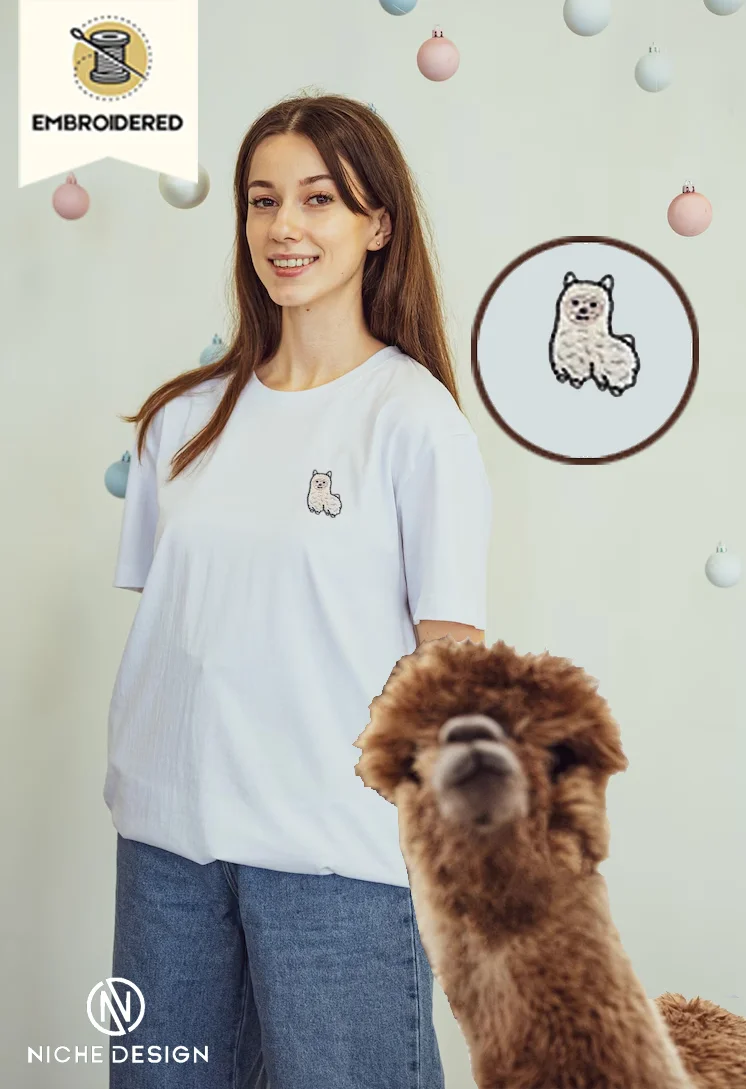 

Футболка с вышивкой, бежевая альпака, мягкий чесаный хлопок, дизайн с вышивкой животных, повседневная удобная одежда, прочная и устойчивая, Eco Fas