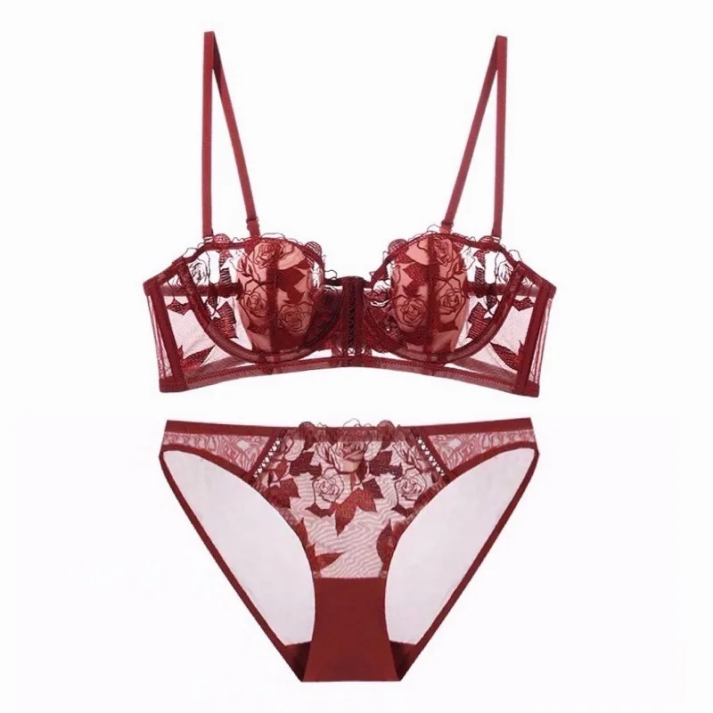 

Thin Cotton Pads Sexy Bra and Matching Women's Set Lace Flower Embroidered With Soft Steel Rings Gathering Underwear Suit