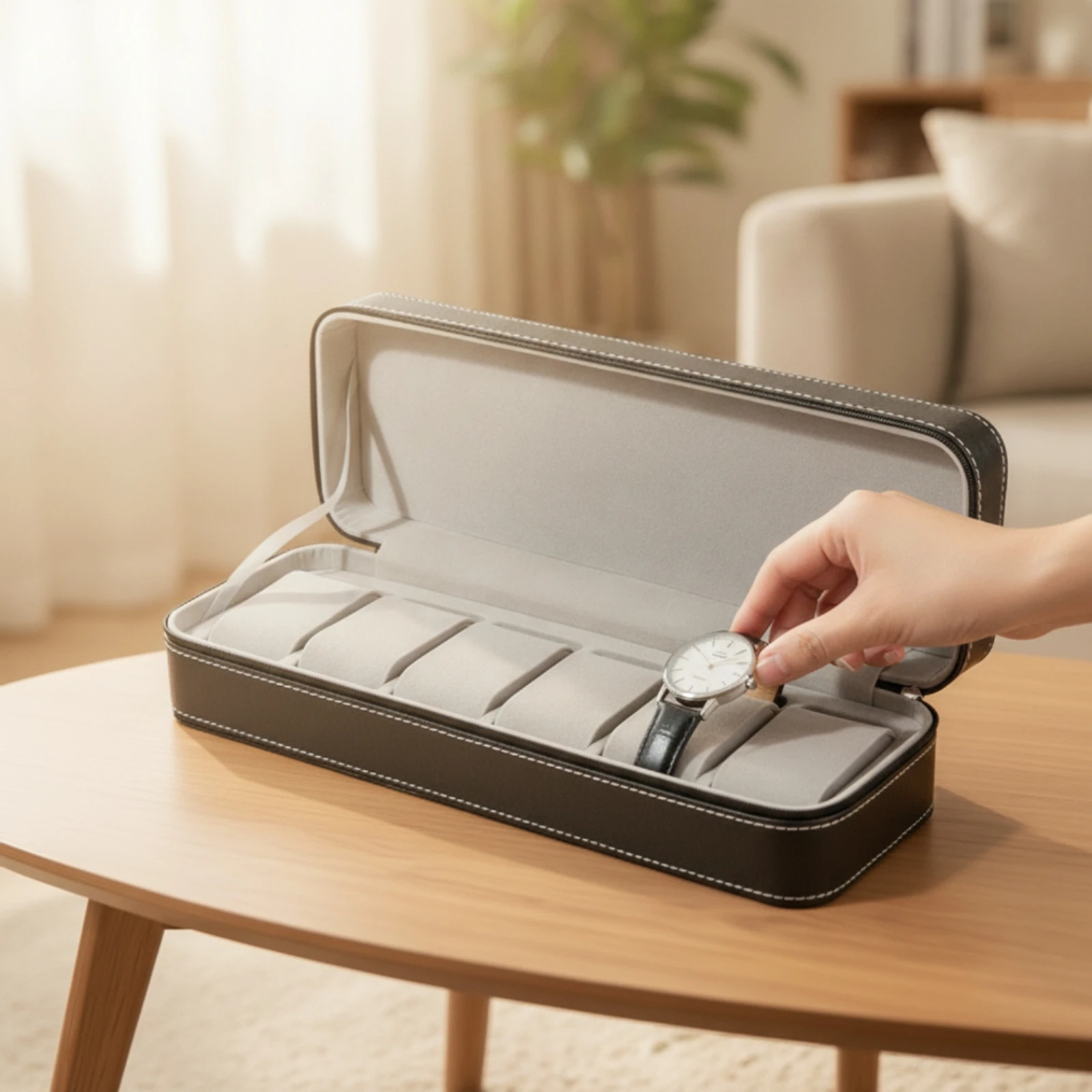 Watch Case with 6 Slots Portable Zippered Watch Organizer PU Leather Versatile for Travelers, Business Trips