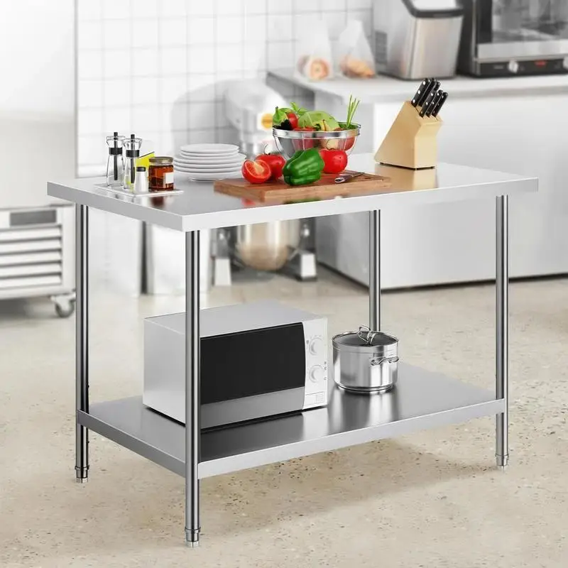 Table de travail en acier inoxydable 76,2x121,9x86,4 cm, table de préparation des aliments, capacité de charge 399 kg, 3 niveaux de hauteur réglables, meuble de rangement pour cuisine, restaurant, maison