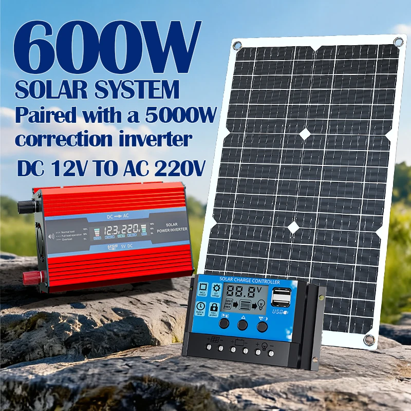 600W Solar Panel Kit 5000W Power Inverter, DC12V to AC220V Solar Power System with Solar Charge Controller for Off-Grid Home Out