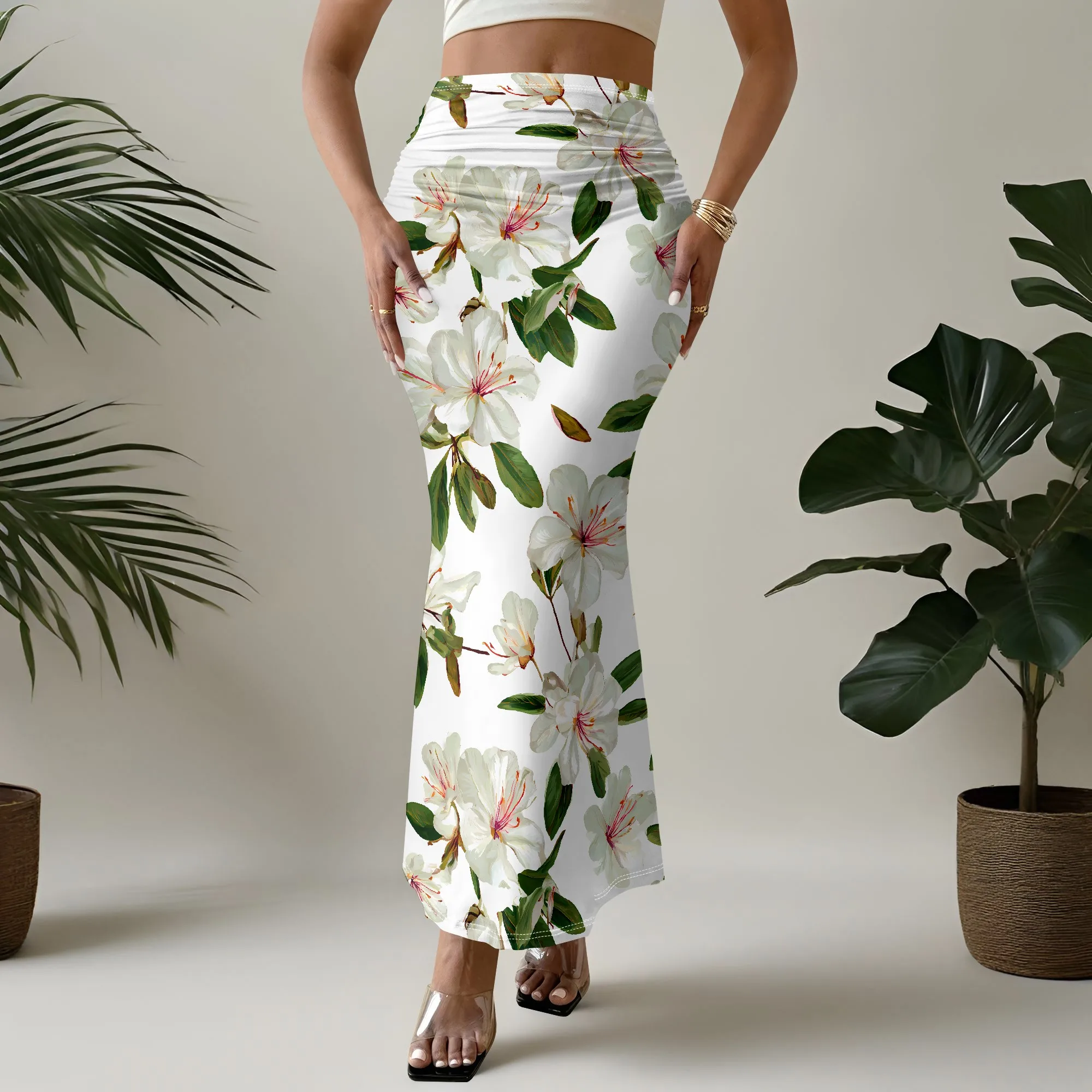 Floral Print Skirt, White Flower Pattern Mermaid Skirt, Elegant Summer Beach Maxi Skirt, High Waist Slim Fit for Women, S-3XL