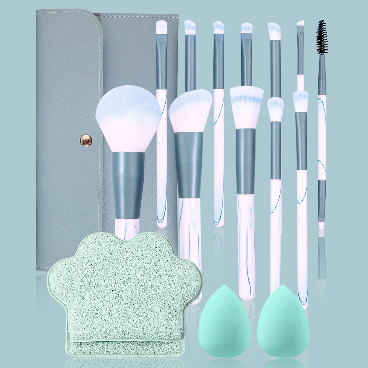 

16PCS Makeup Brush Set with Beauty Sponges&Cleansing Sponge, Blue & White Brushes with Soft hair& Storage Bag
