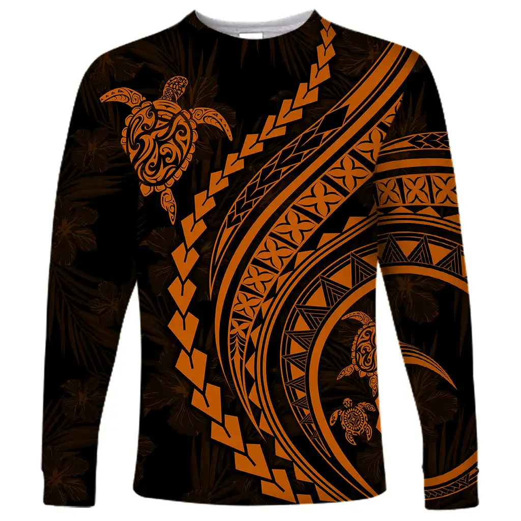 New Style Men\'s Polynesian Long-sleeved T-shirt 3D Printed Turtle Hibiscus Luxury Print Men\'s Autumn Casual Round Neck Tops