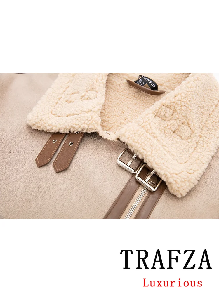 TRAFZA Vintage Casual Chic Loose Women Splice Jackets Long Sleeve Turn-down Collar Coats Belt Fashion 2024 Autumn Winter Outwear