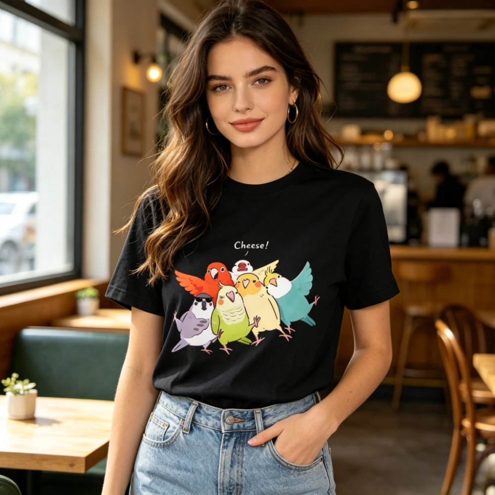 Cheese Funny Parrot Selfie Colorful Bird Group Casual Graphic T-Shirt Parrot Lover Gift TShirt Adorable Bird Owner Casual Tee
