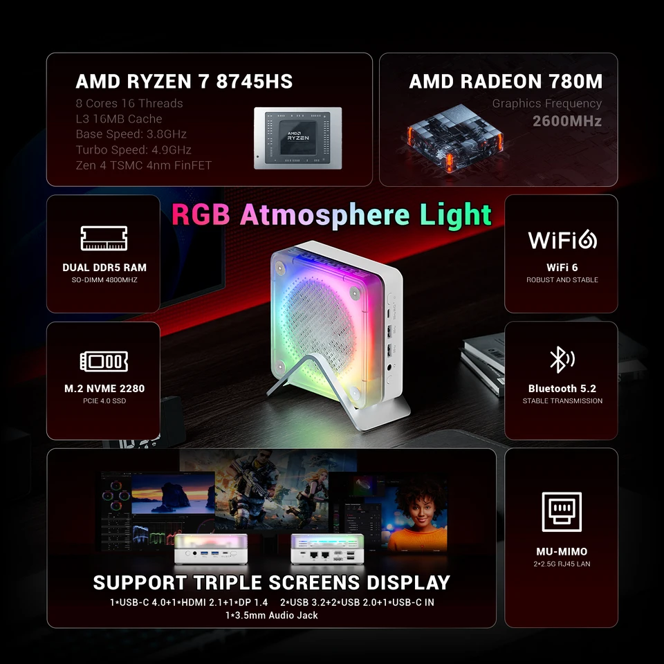 FIREBAT MN56 MINI PC AMD R7-8745HS H 255 Windows11 DDR5 16GB+