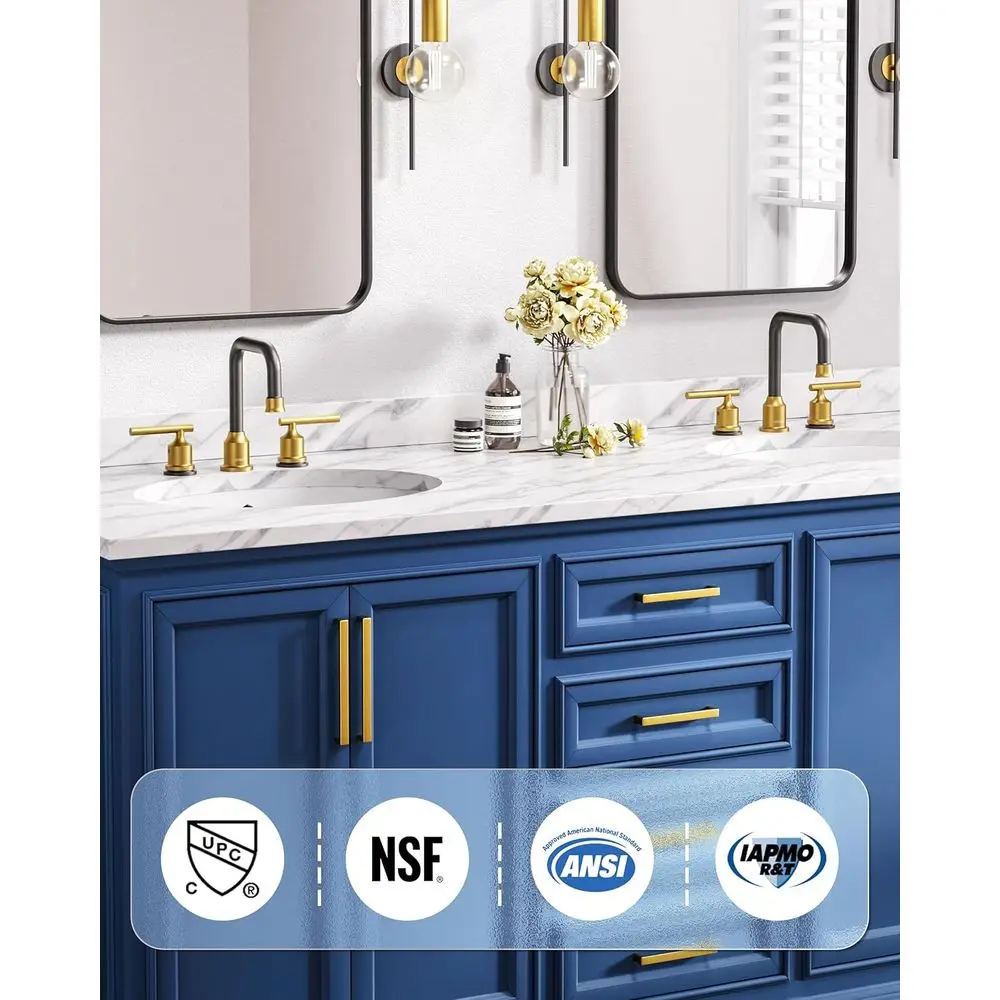 صنبور حوض الحمام بمقبضين 8 بوصة 3 فتحات باللونين الأسود والذهبي مع استنزاف منبثق #2