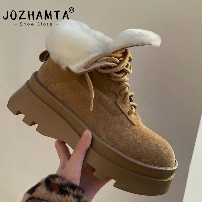 JOZHAMTA Size 33-40 Women Ankle Boots Genuine Leather Platforms Casual Thick Heels Snow Boots Woman Plush Fur Winter Shoes