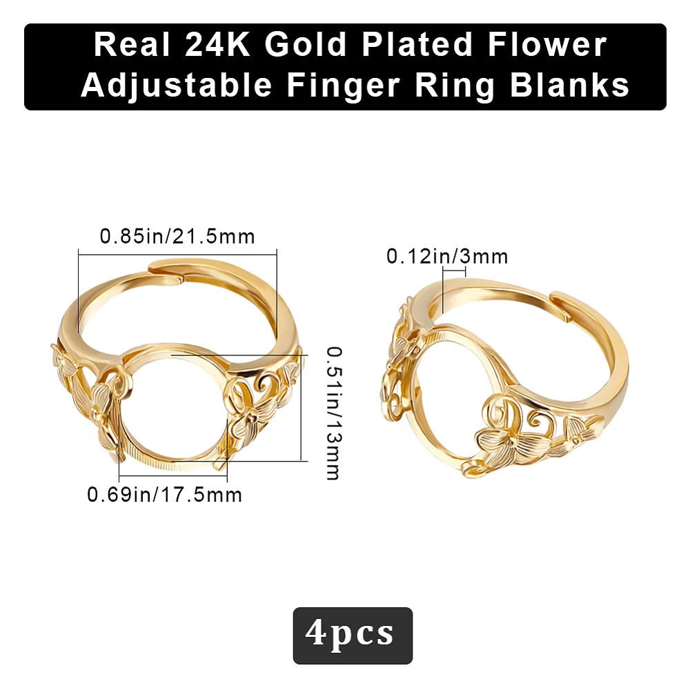 1 Box 4Pcs Blank Ring Base 24K Gold Plated Flower Flat Round Pad Adjustable Prong Ring Setting with Oval Tray for DIY Jewelry
