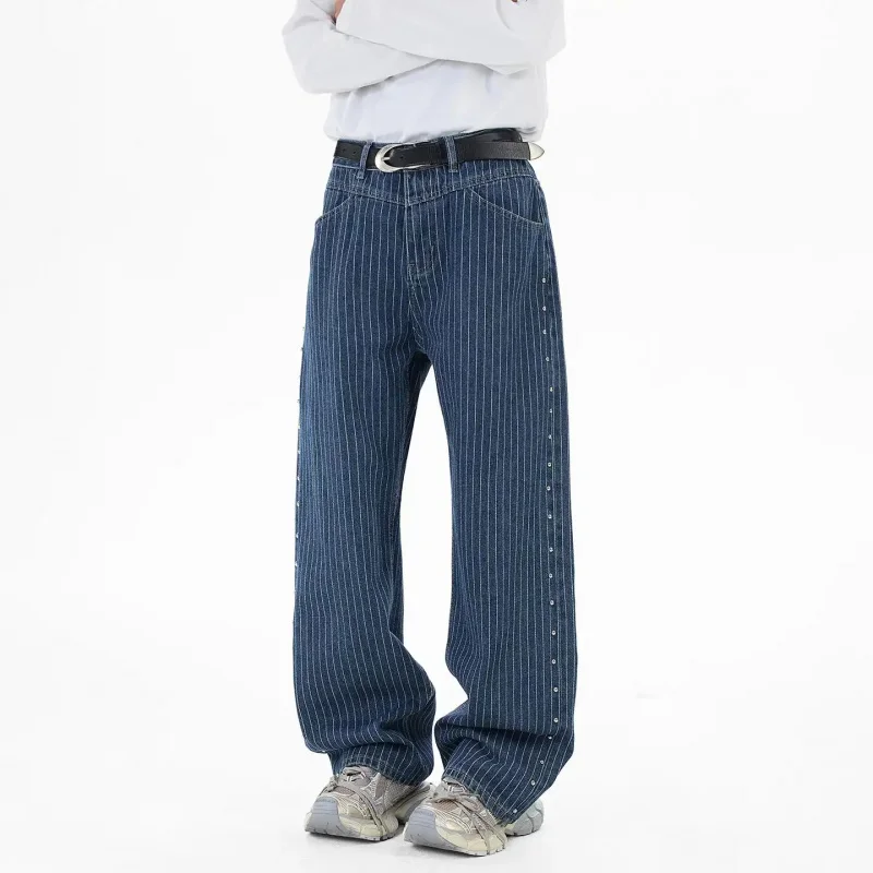 2026 Korean Style Men's Jeans with Fashion Stripe Pattern and Side Beading, Retro Vintage Style, Loose, Straight Cut, Casual, Lo