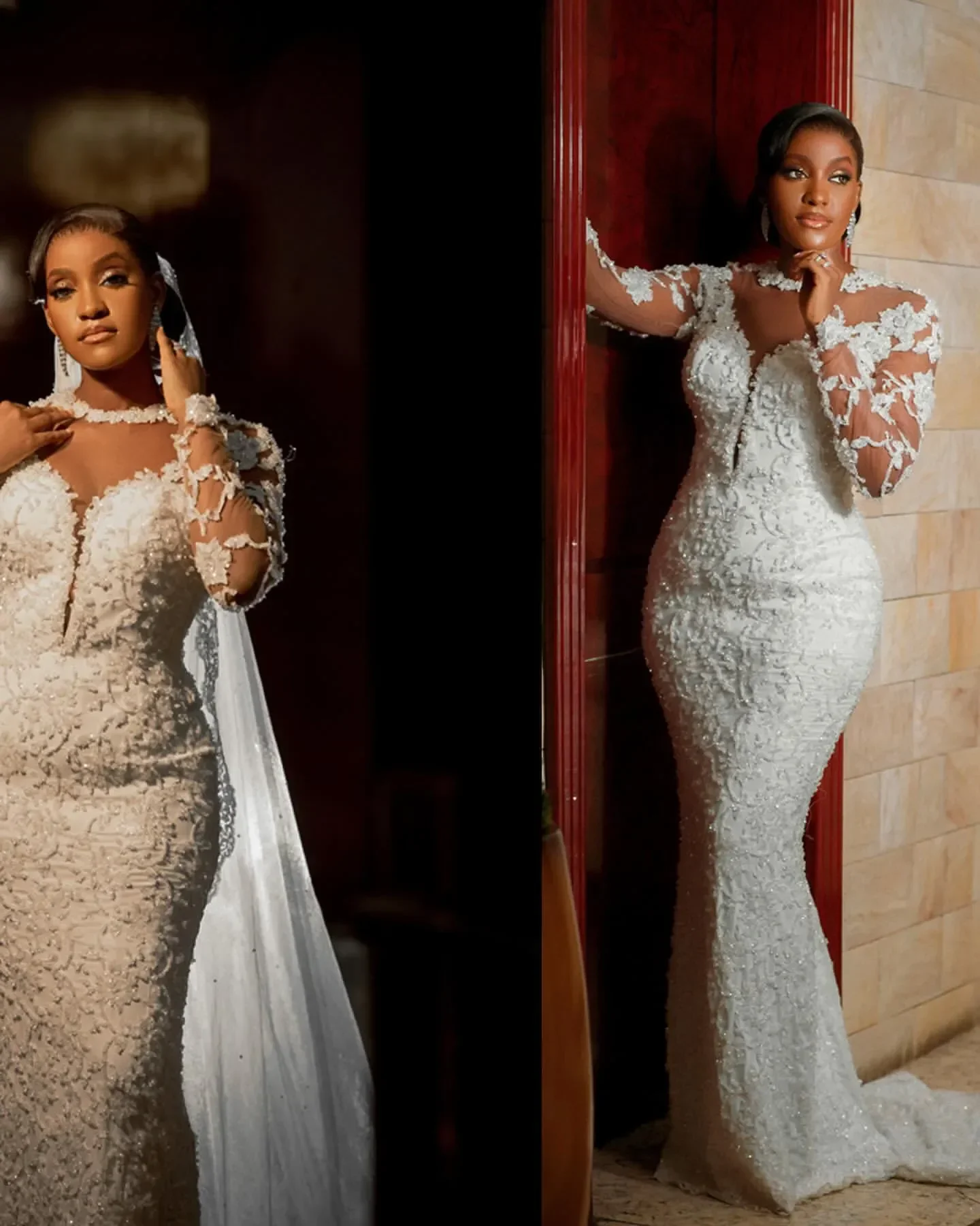 カスタムメイドのフルレースマーメイドウェディングドレス2025シアーネックロングスリーブプラスサイズブライダルパーティガウン結婚式の夜