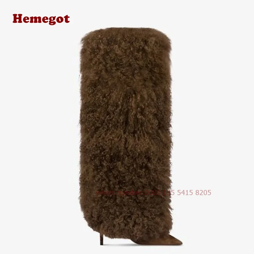 Black Mongolian Fur Stiletto Boots Thin High Heels Plush Fluffy Women\'s Boots Casual Pointy Toe Solid Elegant Runway Shoes Sexy