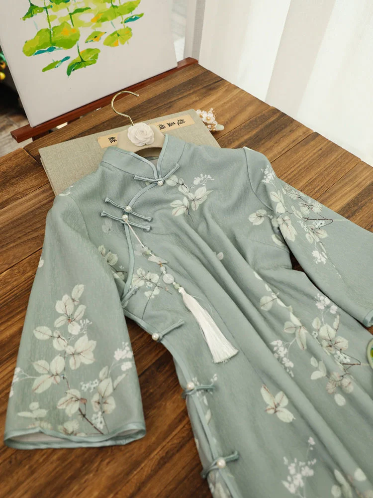 Inverted Sleeves Daily Green Flower Slim Qipao Women\'s Autumn Improved Modern Vintage Chinese-traditional-dress Cheongsam New