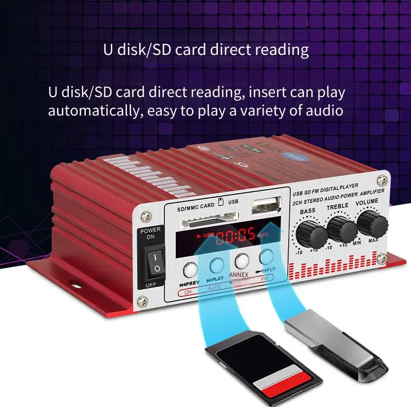 

Bluetooth Amplifier HiFi Audio Karaoke 12V Mini USB Flash Drive FM Radio Car Hifi Home Theater Amplifier