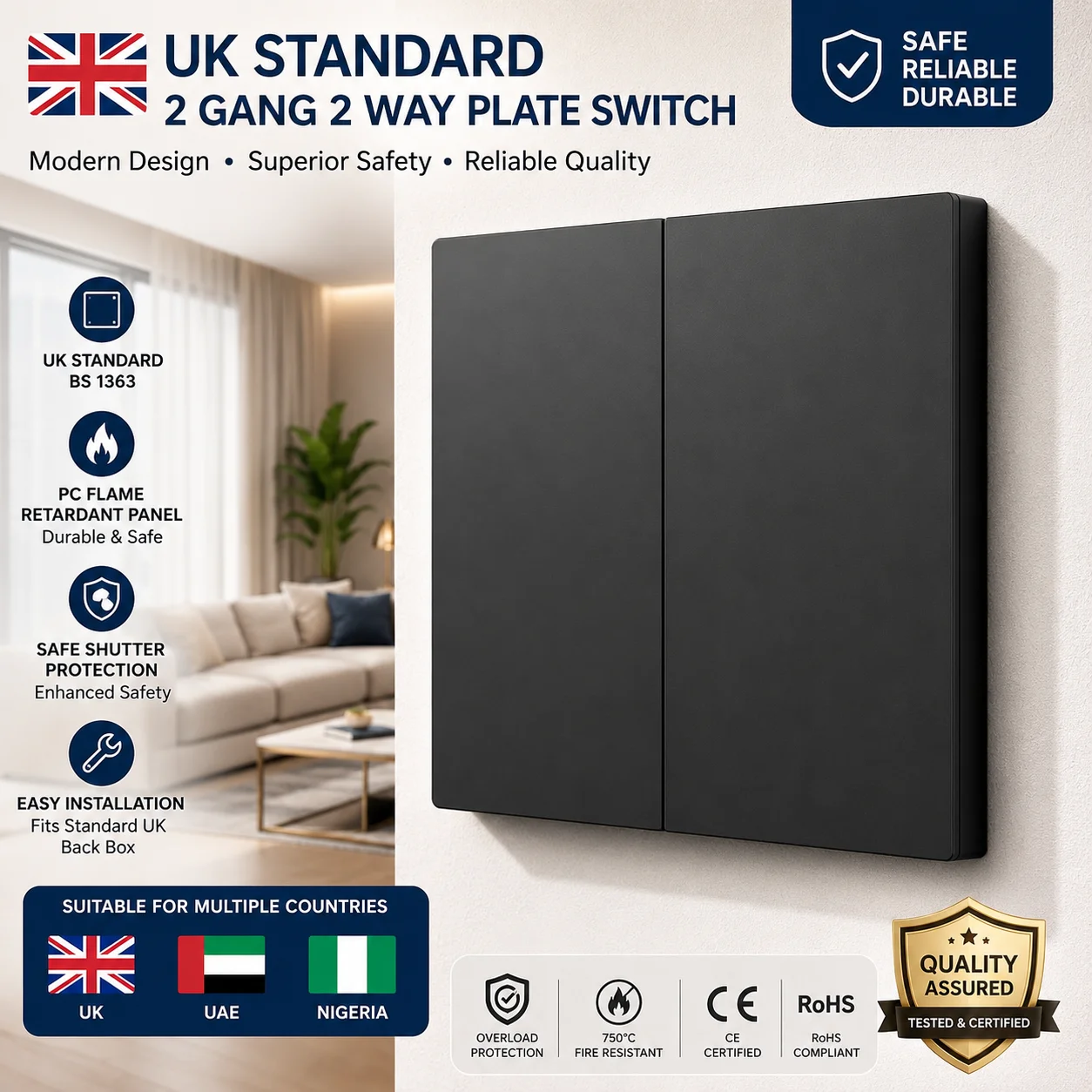 Black UK Standard Wall Socket Switch Panel Type-C 18W Fast Charging 13A Usb 3.1A Wall Socket, Universal Dual 3-pin Power Outlet view 6