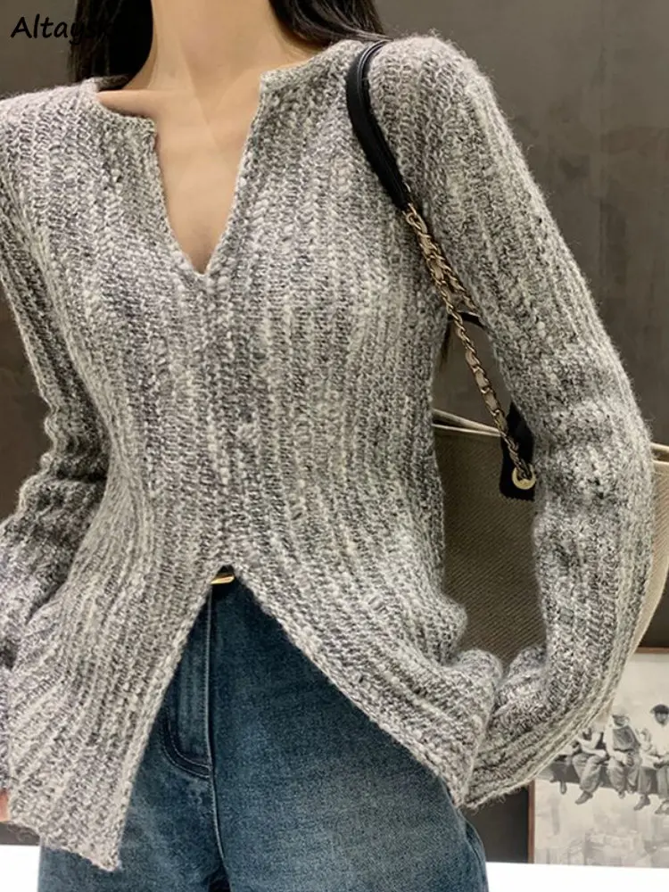 

Solid Pullovers Women Slim Simple Cool Office Ladies High Street American Style Vintage Slit Designed Chic Knitwear Elegant Ins