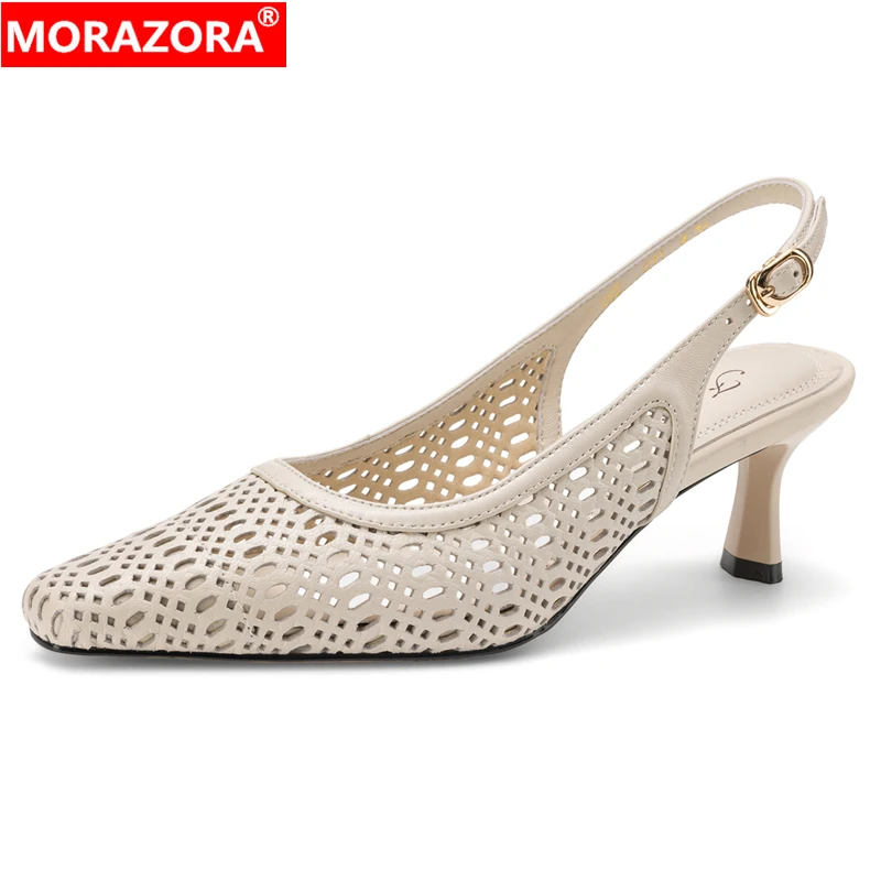 

MORAZORA 2026 New Genuine Leather Sandals Women Shoes Slingbacks Hollow High Heels Sandals Fashion Party Wedding Shoes