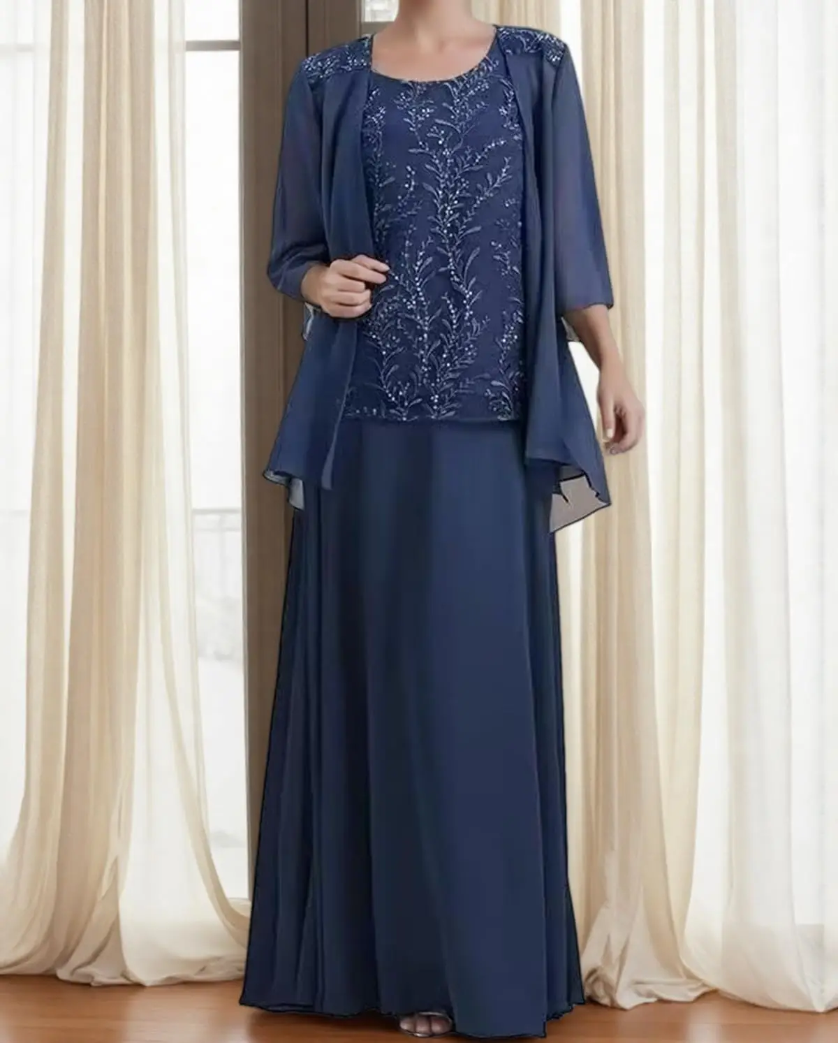 

2 Pieces Mother of The Bride Dresses for Wedding Laces Appliques Chiffon Mother of The Groom Dresses with Jackets