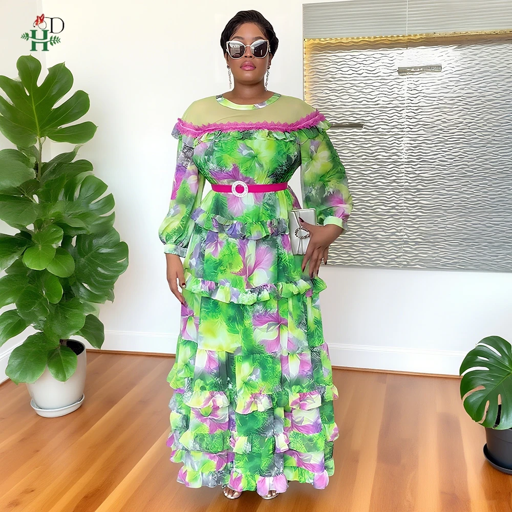 

African Clothes For Women Dress 2025 New Fashion Green Ruffled Tiered Skirt Party Dress Summer Flower Gown Casual Vestidos Robe