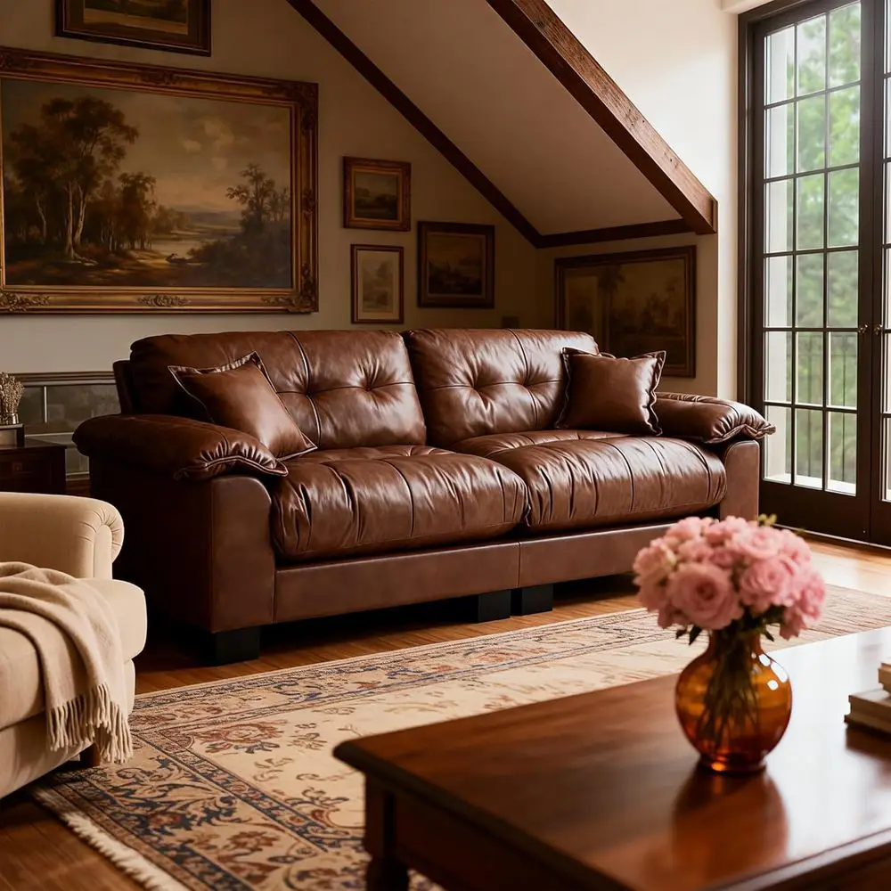 

Luxury Leather Sofa, Century Modern Deep Loveseats, Plush Cloud Couch, Comfort Pillow Top Arm Furniture for Living Room, Cognac