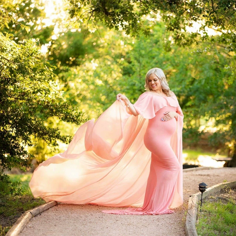 New Summer Maternity Photography Props Long Dress With Cape Slash Neck Stretchy Fitting Maternity Dresses For Photography