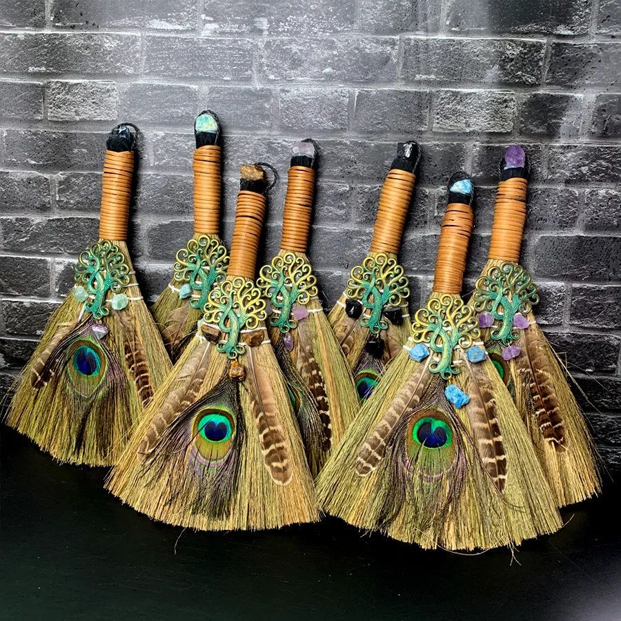 Witch Broom Natural Amethyst Peacock Feather Tree Of Life Altar Ornaments Decoration Sacrificial Table Broom Cleaning Tool