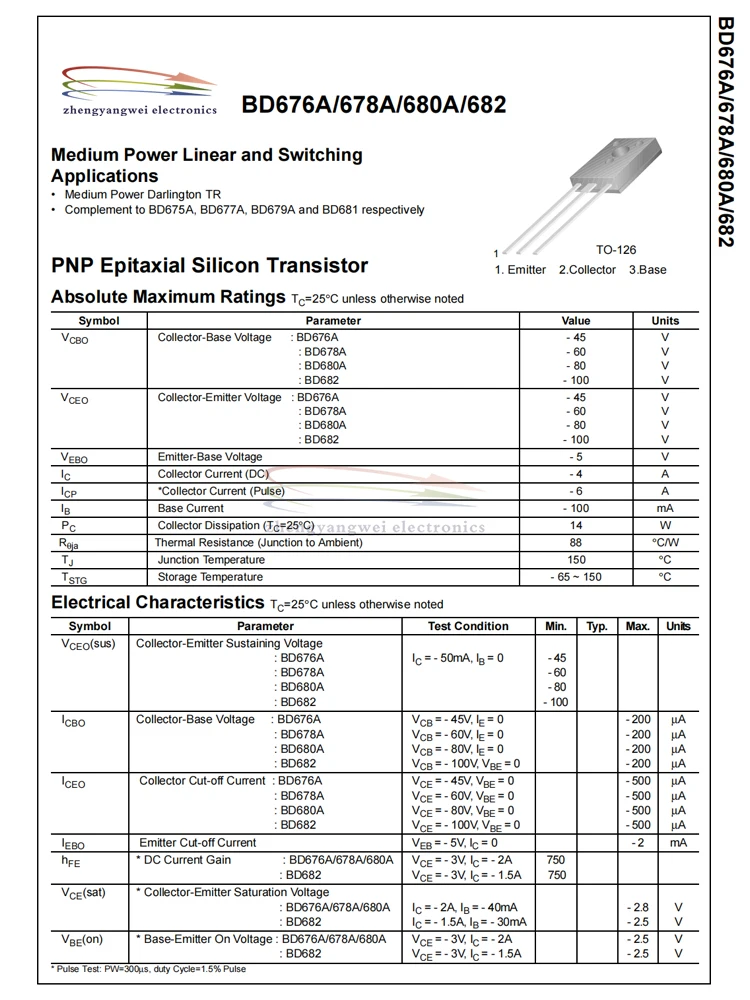 20pcs BD237 BD679 BD680 BD681 BD682 TO-126 BD238 BD677 BD678 BD875 BD435 BD436 BD441 BD442 TO126 Transistor BD682G