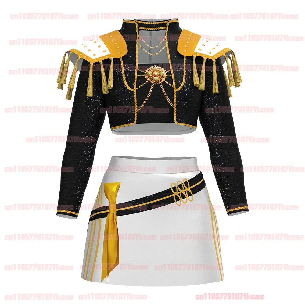 어린이 Kpop 악마 사냥꾼 루미 조이 미라 애니메이션 코스프레 의상 소녀를위한 블랙 골든 무대 공연 의류 할로윈 파티