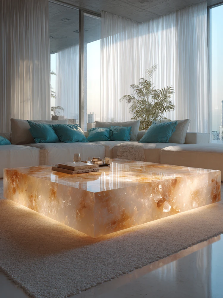 

Большой плоский роскошный журнальный столик из натурального мрамора и светящегося оникса в итальянском стиле, выполненный на заказ, для гостиной, современный дизайн