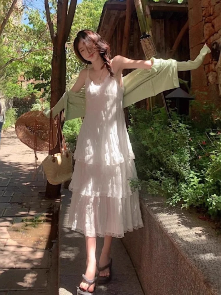 Estilo francês branco elegante vestido de renda cinta espaguete em camadas vestidos de verão praia férias 2025 novo vestido longo feminino para meninas