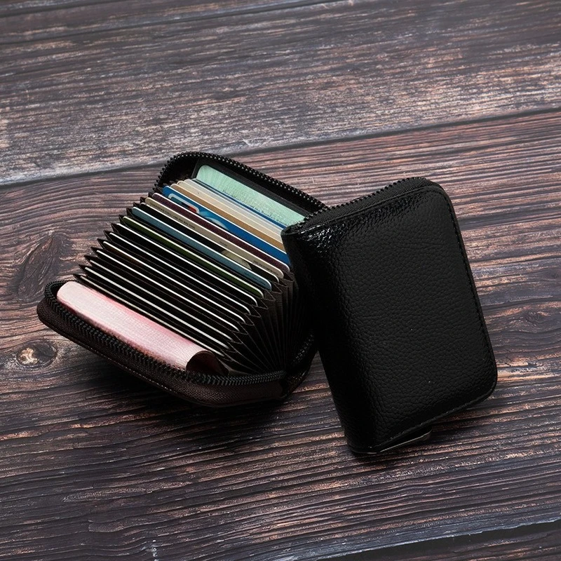 Organizador de cartão de bloqueio carteira de couro do plutônio fino multi bolso com zíper titular da moeda proteção anti roubo para homens mulheres minimalista