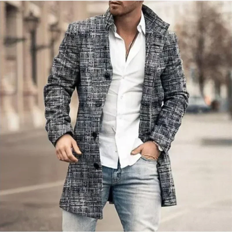 Checkered Men's Trench 2024 New Coat Autumn Winter Outdoor Casual Fashion Windproof Trench Coat Woolen Jacket Clothing