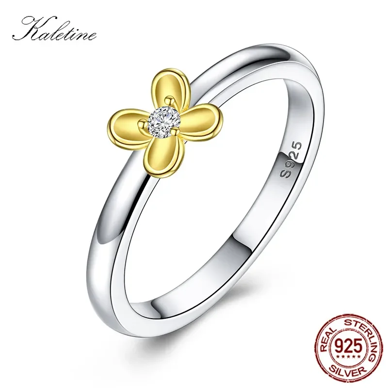 KALETINE Dazzling Golden Flower Ring Women Finger Sterling 925 Silver Rings CZ Flower Charm for Woman Silver Ring Jewelry Luxury