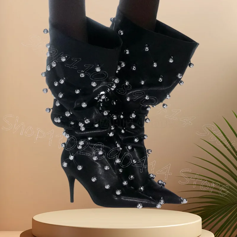 

Silver Round Rivets Black Large Cuff Pointed Toe Boots Slip On Women Shoes Thin High Heels Party Runway 2025 Zapatos Para Mujere