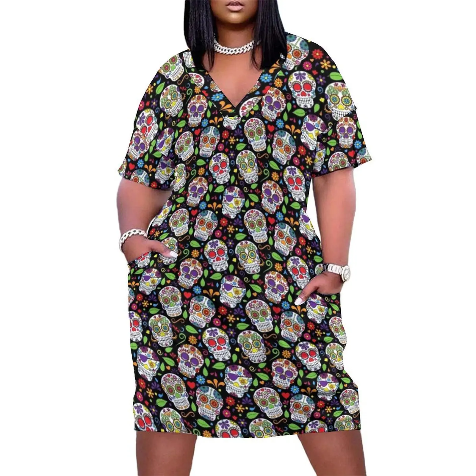 

Colorful Sugar Skull Flower Black Pattern Loose Pocket Dress long dress women evening dress Dresses for wedding party