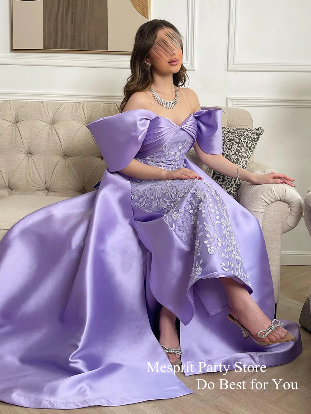 Lilac Prom Dress Off The Shoulder V Neck Pleat Beading Lace Mermaid Evening Dresses Ankle Length Formal Party Gown فساتين سهرة