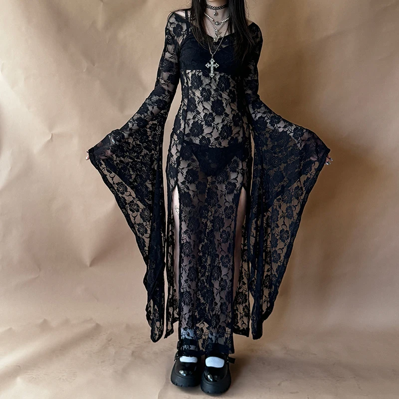 女性用シアーレースマキシドレス、バットロングスリーブ、スリット入りフローイドレス、Y2Kフェアリーグランジ、シースルー、E-girl、ゴスパンク、ボディコンスリップドレス